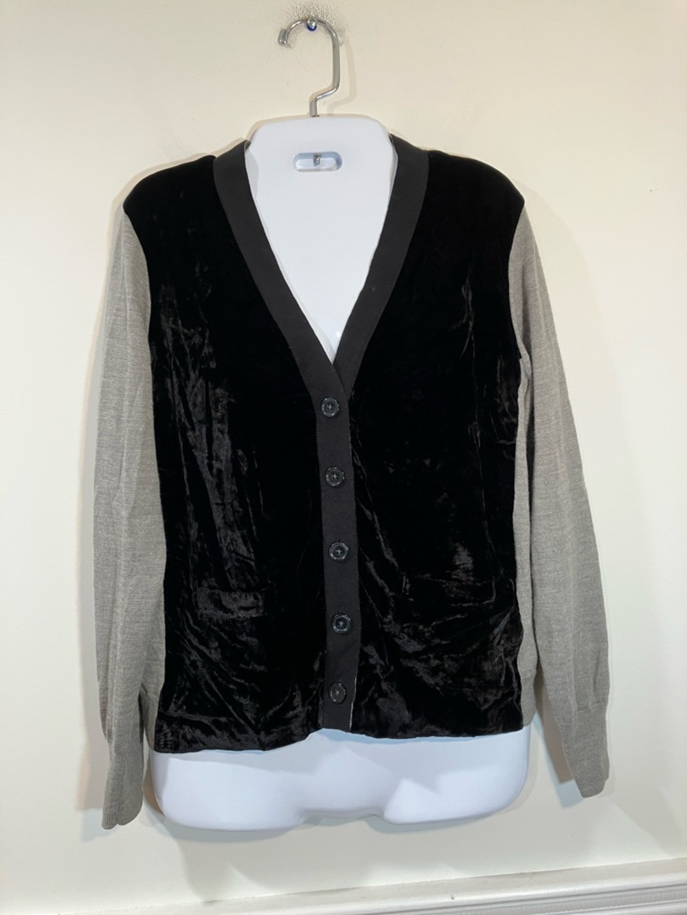 J Crew Two-Tone Black Velvet Front Cardigan with Gray Sleeves S